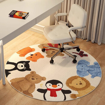 Guiqi round carpet cartoon absorbent mat bedroom children's room swivel chair floor mat living room study soundproof blanket foot mat carpet penguin and bear 100x100cm