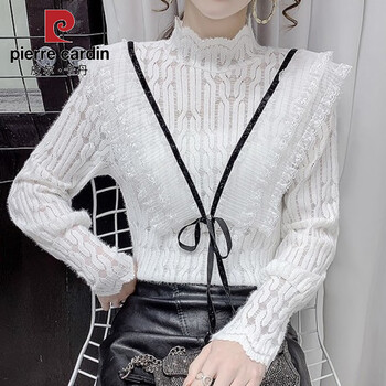 Pierre cardin autumn and winter new long-sleeved half-high collar lace splicing lace-up velvet thickened bottoming shirt women's niche inner top white (plus velvet) thickened s 75-90 catties
