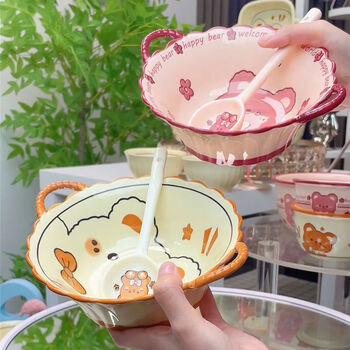 Sanqihu cute bowl cartoon children eating rice home new good-looking ceramic bowl personal use for couples 75-inch double-ear bowl 2 bowls 2 spoons