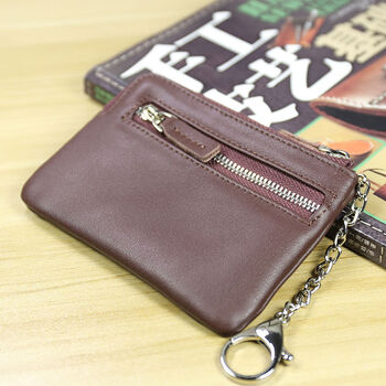 Mini coin purse men's genuine leather key case coin double zipper women's small wallet card holder driver's license brown