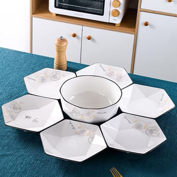 Meikejie's new sweet honey 8-piece ceramic tableware set, 6 hexagonal plates + 1 large soup bowl + 1 large soup spoon