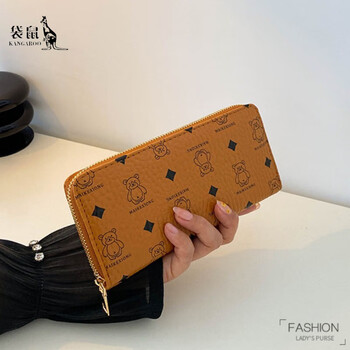Kangaroo leather wallet women's 2025 new women's retro print zipper wallet large capacity coin purse mobile phone bag trendy brown