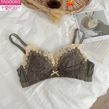 Modal japanese sexy lace underwear women's small breast gathering adjustable anti-sagging wireless ring breast control bra set green (single piece) 70a 32b (through cup)