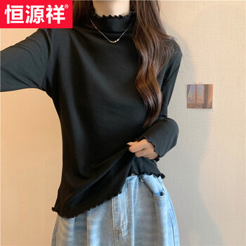 Hengyuanxiang coffee-colored fungus long-sleeved t-shirt for women 2026 autumn and winter fat mm half turtleneck plus velvet inner bottoming shirt black top tea-tea style/american retro/pear-shaped body wear/short top l (100-120 pounds) /vintage/popular this year