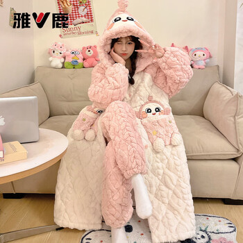 Yalu 2026 coral velvet three-layer quilted pajamas for women autumn and winter plus velvet thickened nightgown bathrobe winter new home clothes 23049 women's quilted nightgown + quilted pants xl female weight 120-140 pounds