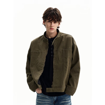 Derejerine retro distressed detroit stand-up collar work jacket for men and women in autumn and winter american short wide harrington coat couple tops dark yellow l