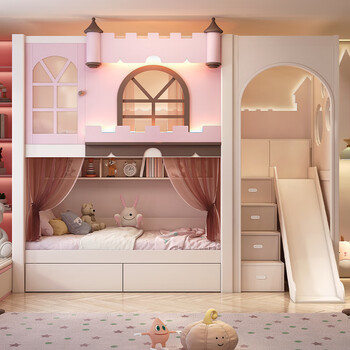 Famous oak craftsman bunk bed and upper bed children's bed all solid wood girl boy princess bed castle tree house bed the same width as the upper and lower beds + bookshelf + ladder cabinet + slide + 2 mattresses 1.35*1.9 meters (the same width as the upper and lower)