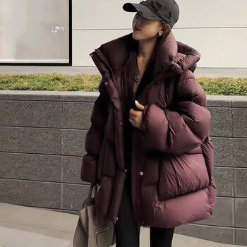 Duck puff hooded down jacket women's winter 2025 new mid-length korean style loose thickened white duck down jacket purple s (90-125 catties)