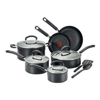 T-fal 12-piece non-stick cookware set, wok, saucepan, stew pot, soup pot, frying pan, kitchen utensils, dishwasher compatible