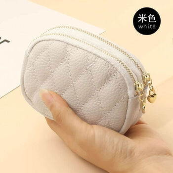 Hecheng 2025 new first-layer cowhide diamond embroidery thread key ring buckle coin bag double zipper genuine leather small change beige