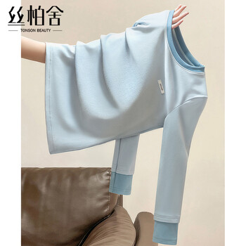 Sibaishe round neck bottoming shirt 2025 winter new women's fashion slim and slim color-blocked long-sleeved pullover top light blue s