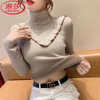 Langsha all-in-one velvet sweater for women autumn and winter long-sleeved solid color half turtleneck 2025 new style fashionable velvet thickened bottoming shirt khaki thickened all-in-one velvet (high quality) m 95-105 catties