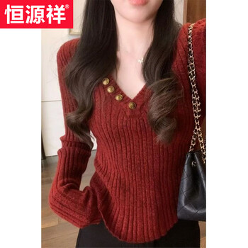 Hengyuanxiang new year new year red v-neck knitted sweater for women autumn and winter high-end irregular style inner bottoming shirt top red m recommendation 100-115