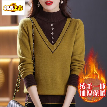 Junior diameter woolen sweater for women with velvet and thickened mother's sweater for women in autumn and winter new style half turtleneck fake two-piece velvet bottoming sweater qiuxiang yellow l