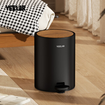 Veelar living room trash can bedroom bathroom antique retro foot pedal open cover wood grain cover cylindrical large capacity 8l - extreme night black pedal style bathroom/bedroom