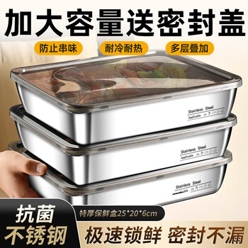Camte crisper box with lid, food grade stainless steel plate, rectangular refrigerator storage box, fruit dumpling sealed box with lid, 25*20*6cm, two pack