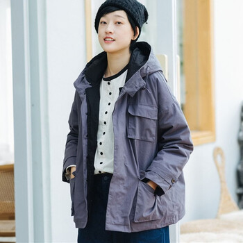 Zhibi mo winter new gray purple cotton canvas multi-wear detachable hooded workwear down jacket women gray purple l