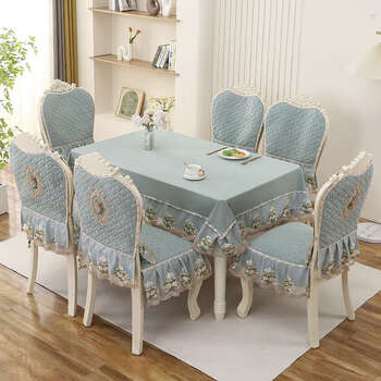 Yusenyi european-style dining chair cushion set round table cloth fabric winter mink velvet deer chair cover with dining table and chair cover mirror flower green 4 back 4 seats