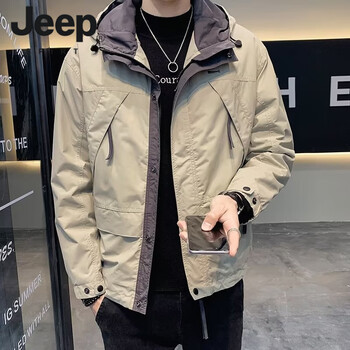 Jeep spirit hooded jacket men's korean style trend spring and autumn 2026 new workwear jacket style men's thin jacket spring khaki m