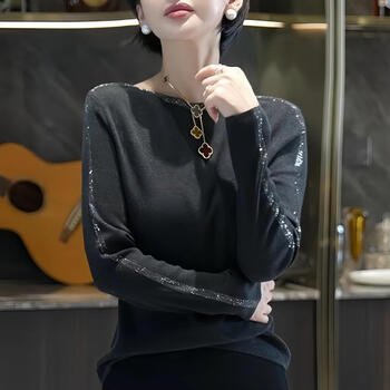 New year's hot style korean style one-line collar hot diamond long-sleeved women's new inner slimming bottoming shirt foreign style top dark gray l recommended 90-110 pounds