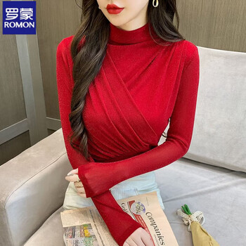 Romon thin/velvet autumn and winter silver fox velvet mesh long-sleeved inner bottoming shirt for women 2025 new outer top red (without velvet) m 85-100 catties