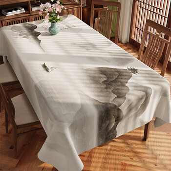 Junyuexi high-end new chinese style solid wood coffee table tablecloth no-wash waterproof and oil-proof pvc table top mat rectangular anti-scalding table mat guyingshanshui thickened waterproof, oil-proof and anti-scalding 90*150cm