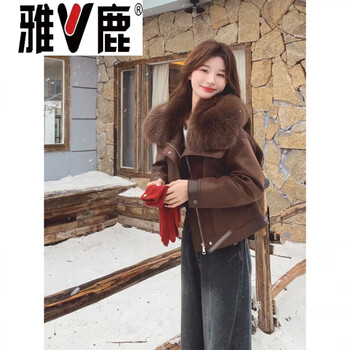 Yalu coffee color large fur collar goose down leather jacket down jacket 2026 new women's winter style fur one-piece short coat goose down jacket 95% white goose down women's coffee color xs _within 95 pounds