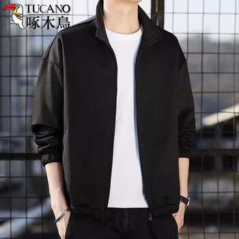 Woodpecker (tucano) waffle jacket men's 2026 spring and autumn trendy brand loose stand-up collar jacket casual sweatshirt cardigan men's top 2304 black m