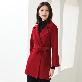 Inner mongolia cashmere family double-sided cashmere coat for women, short, small, belted, high-end double-sided woolen coat, raffia red s, recommended under 105 catties