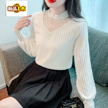 Early diameter embroidered half-high collar plus velvet lace bottoming shirt for women long-sleeved autumn and winter fit-fitting inner layer thickened warm shirt top off-white version regular s 85-100 catties