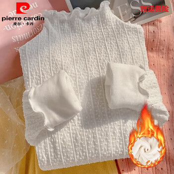 Pierre cardin large size lace plus velvet bottoming shirt for women with fat mm, fashionable fungus edge, high collar, inner gauze warm mesh top, white, plus velvet, thickened m, recommended 75-100 pounds