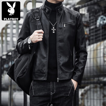 Playboy (playboy) leather jacket men's stand collar haining trendy brand handsome casual autumn and winter motorcycle leather jacket large size jacket a609 black velvet xl 120-135 jin