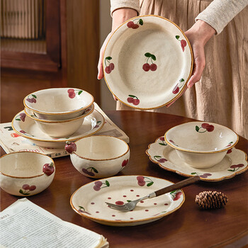 Modern housewife underglaze color tableware household ceramic rice bowl noodle soup bowl plate 2025 new high-looking one-person food retro hand-painted cherry 9-inch oval lace plate