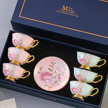 Mppmck bone china coffee set peony cup exquisite couple cup gift box feeling housewarming and wedding souvenir peony (6 cups and saucers) dark blue gift box + greeting card more than 36% bone powder bone china