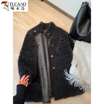 Woodpecker korean style lamb velvet coat for women mid-length autumn and winter black stand-up collar loose thickened fur one-piece plush coat dark gray dark gray m 85-115
