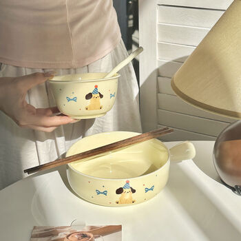 Sanqihu one-person food bowl set for girls with good looks at home 2025 new personal special handle bowl ceramic bowl with handle big-eared dog handle bowl rice bowl spoon chopsticks
