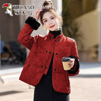 Woodpecker new chinese style chinese style down jacket women's winter small style retro fashionable temperament red white duck down jacket red m
