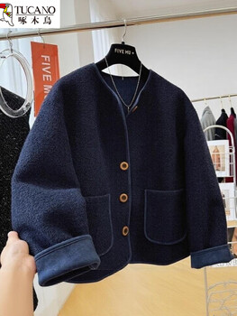 Woodpecker style, korean style, chic and super good-looking, sherpa round neck short coat for women, autumn and winter loose velvet coat, black m