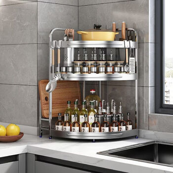 Wing fantasy 304 stainless steel kitchen corner shelf corner triangle multi-functional household countertop seasoning bottle shelf with chopstick barrel knife holder 4 hooks on the second floor stainless steel small side length 24 corner shelf