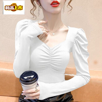 Square collar pleated puff sleeve french top for autumn women's fashionable short style plus velvet warm bottoming shirt long-sleeved t-shirt white without velvet m