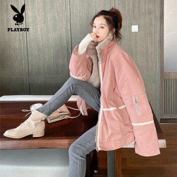 Playboy (playboy) velvet jacket for women autumn and winter versatile 2025 new thickened casual korean style loose ins workwear denim pie jacket pink s under 100 pounds