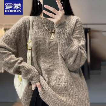 Luo meng's lazy style pure woolen sweater for women, round neck sweater, jacquard hollow, western-style knitted bottoming shirt, loose and versatile, long-sleeved, trendy raw cashmere camel m