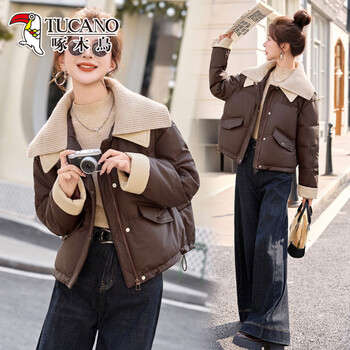 Woodpecker small leather down jacket women's short 2026 winter new style slim and western style white duck down thick jacket brown l