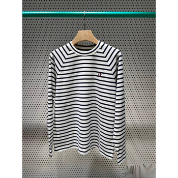 Suran 2025 new women's autumn and winter sports lightweight warm brushed striped long-sleeved t-shirt sweatshirt bottoming shirt off-white striped l