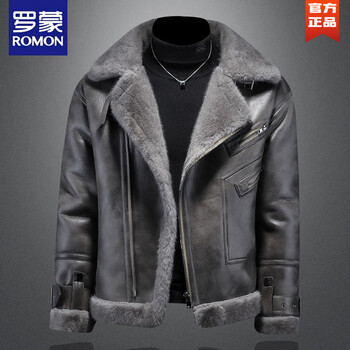 Romon fur one-piece jacket men's 2025 winter velvet thickened leather jacket short motorcycle lamb wool cotton jacket silver blue gray s