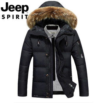 Jeep international brand down men's clothing thickened tactical large size hooded fur collar warm and cold-proof white duck down jacket black m