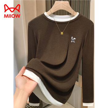 Miiow german velvet brushed fake two-piece right-shoulder long-sleeved t-shirt for women, fashionable and versatile top, thickened warm bottoming shirt, autumn and winter, dark coffee color (bunny style on the side, german velvet style) 2xl (recommended 145-160 pounds)