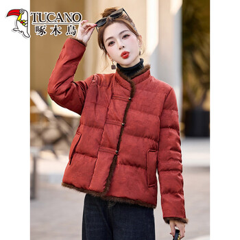 Woodpecker red new chinese style national style down jacket women 2026 winter new popular high-end western style tang suit white duck down jacket red s recommended 100-115 catties