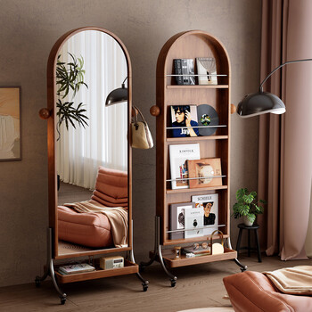 Small craftsman full-length mirror solid wood removable mid-century style home magazine bookshelf storage integrated floor-standing rotating dressing mirror