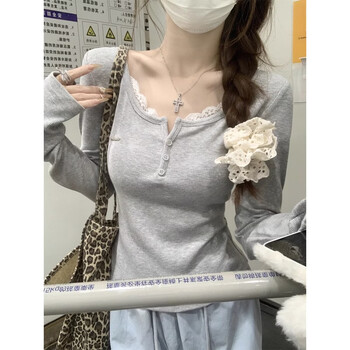 Fu jian pure desire low collar bottoming shirt long sleeve t-shirt women's lace splicing hot girl slim fit top bottoming shirt flower gray m